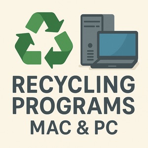 Recycling arrows surrounding Mac and PC hardware icons